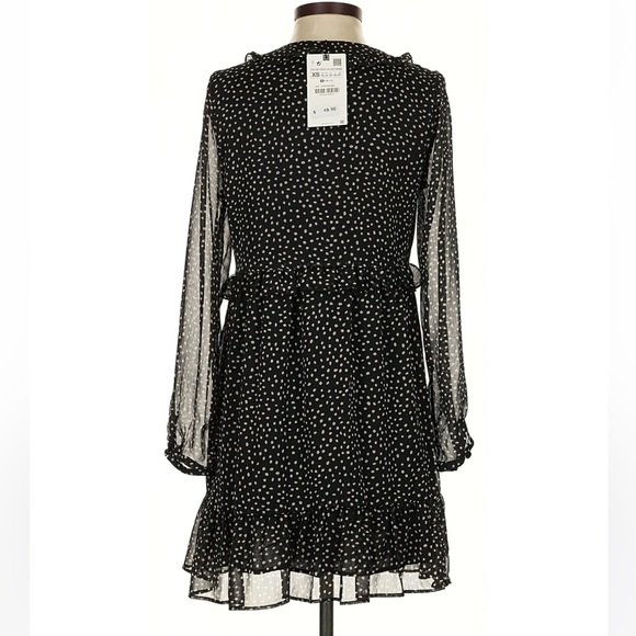 Zara Black Polka Dot Sheer Sleeve Mini Dress NEW - Picture 3 of 7